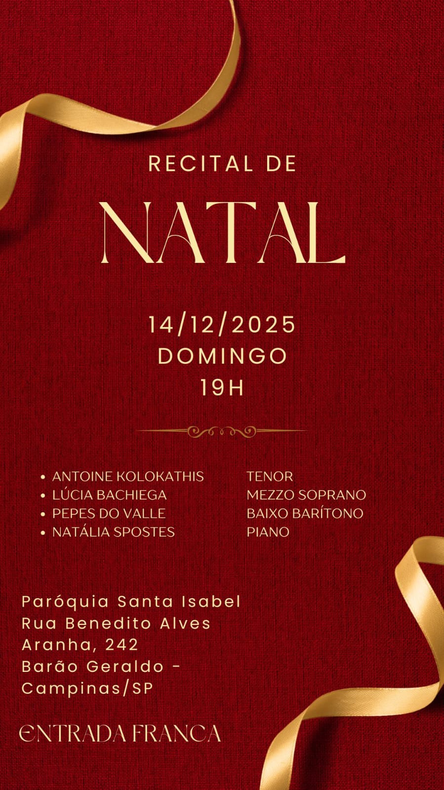 Recital de Natal gratuito leva música lírica a Barão Geraldo